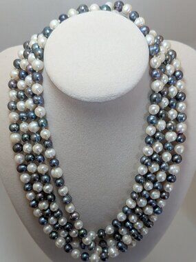 Long White and Peacock Freshwater Pearl Necklace, Hand Knotted Pearl Rope